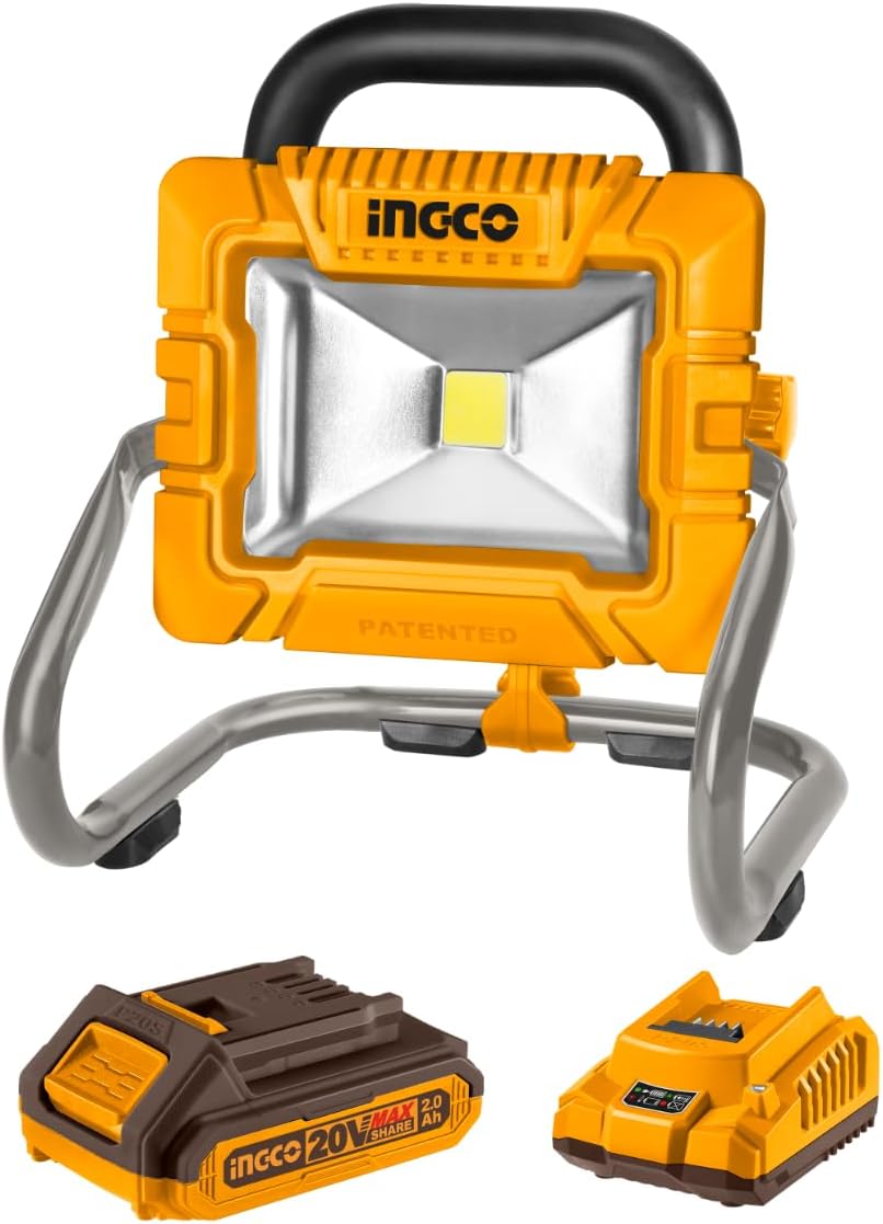 INGCO 20V Lithium-ion LED Work Light 20W Portable Jobsite Light 1800Lm Max, Construction site Floodlight 2 Settings 360° Adjustable with Battery and Charger for Auto-Repair, Camping CWLI20258