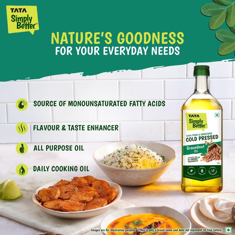 Tata Simply Better Pure & Unrefined Cold Pressed Groundnut (Peanut) Oil,Kolhu/Kacchi Ghani/Mara Chekku/Ganuga,Naturally Cholesterol Free,1L,Groundnut Oil Rich Aroma & Flavour Of Real Groundnuts