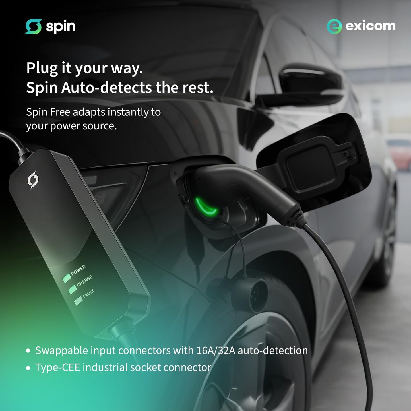 Exicom 3.3 kW Spin Free | Portable ev car Charger for Electric Vehicle AC Charging | ARAI and BIS Certified