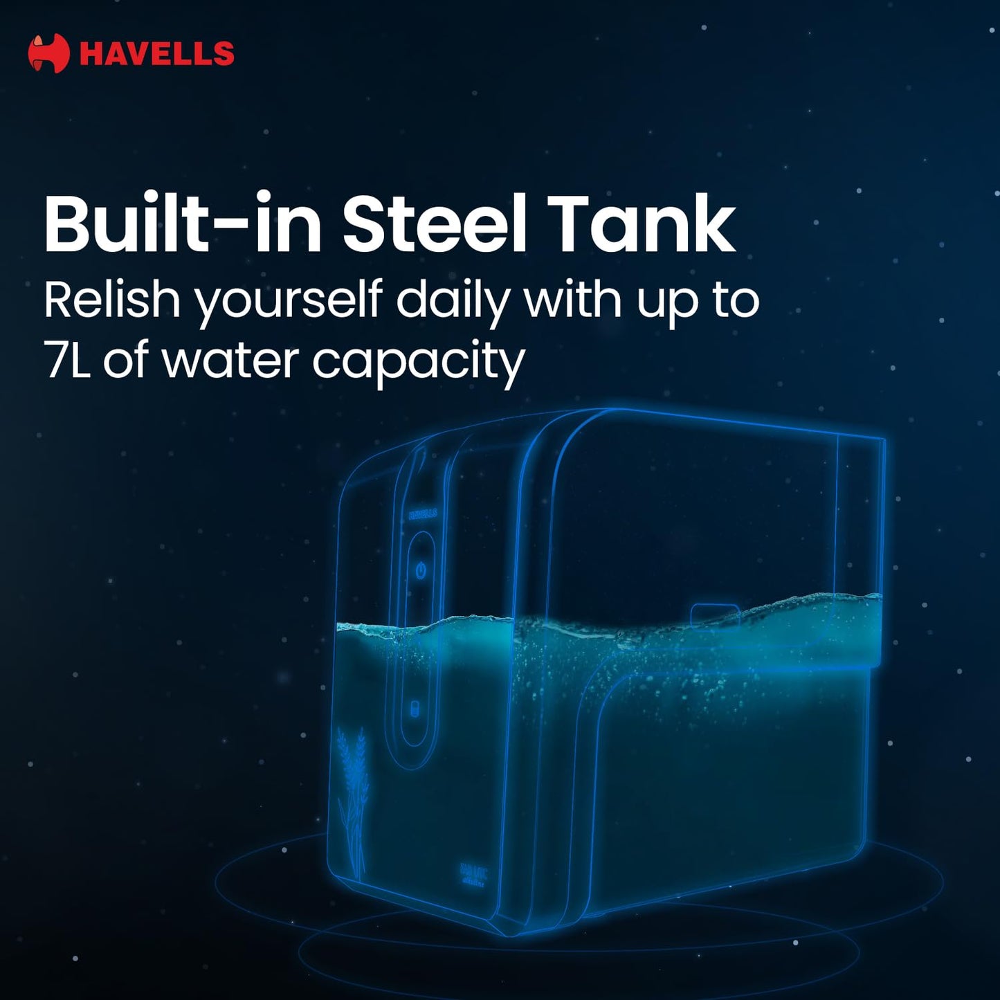 Havells FAB UTC (Under The Counter) Alkaline Water Purifier RO+UV+Alkaline |Copper+Zn+Mg | 9 Stage Purification, 7L SS Tank, Suitable for all water sources, 33% Higher Water Recovery, up to 2000 TDS