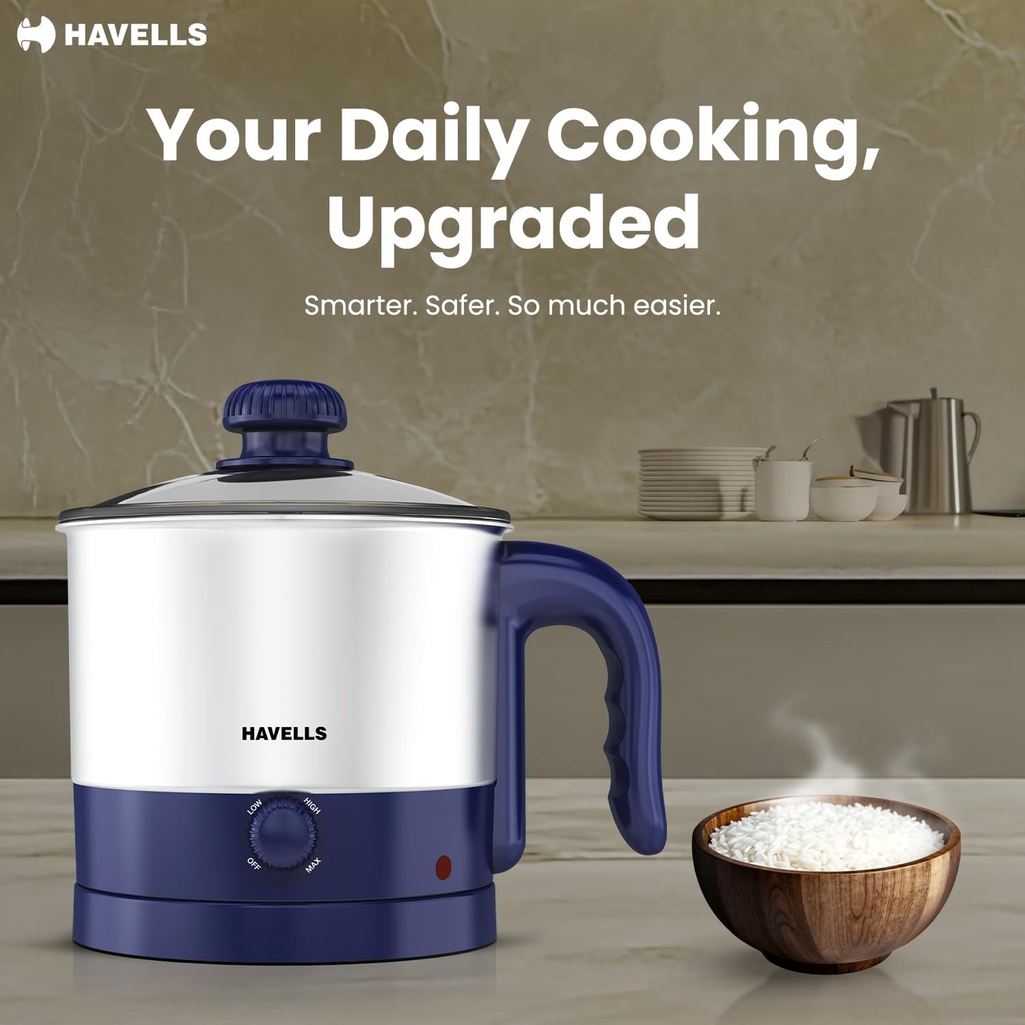 Havells Steamor Multicook Kettle | 1.2 L Capacity | Food Grade Body with Cool Touch Handle | Multiple Steaming Attachments | Double Safety Protection | 3 Temperature Modes(Blue)