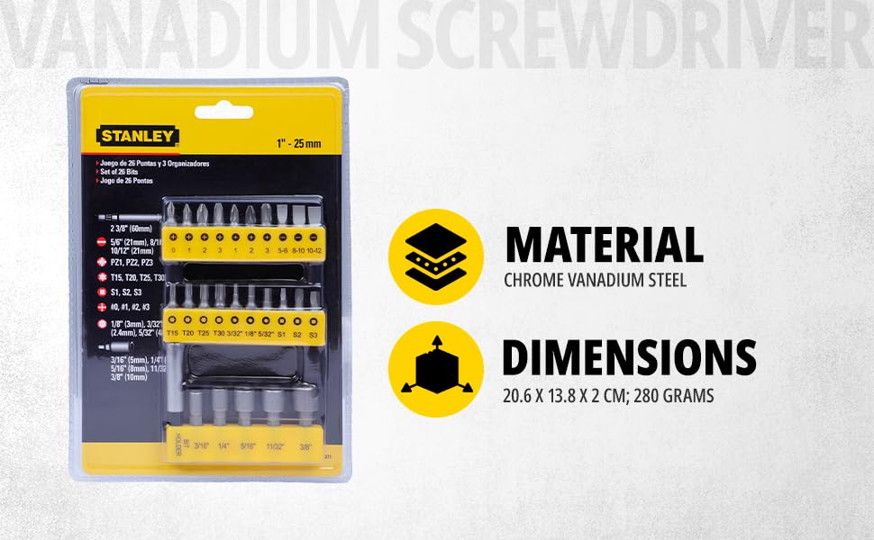 Stanley 68-071-23 26-Piece Insert-Bit Chrome-Vanadium Screwdriver Set For Home, Diy, Professional & Industrial Use Ideal For Electrical & Plumbing Tasks, Yellow & Black - Chrome Vanadium Steel
