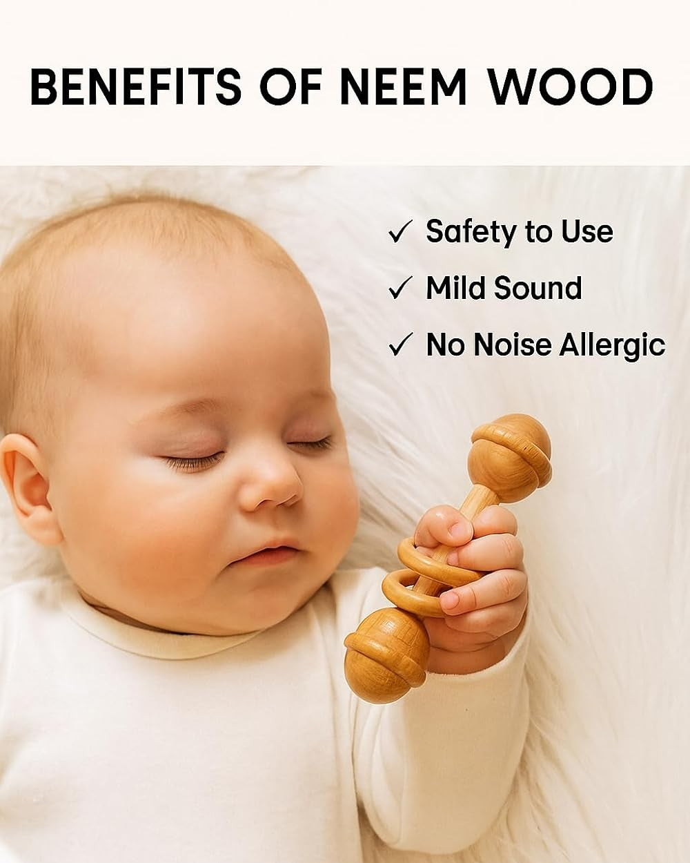 UdrCrafts® Baby Teether Combo Pack of 3 – Organic Neem Wood Teether Combo - 1 Ring, 1 Rattle, 1 Dumbbell Nibbler – Safe Natural Teething Toys | Wooden Teethers for 6 to 12 Months Baby (5)