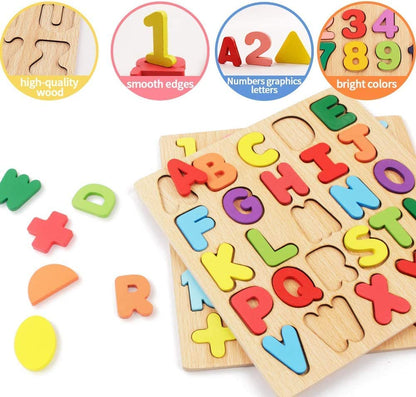 Udaipur HandiCrafts Wooden Learning Educational Game Board for Kids, Puzzle Toys for 2 Years Old Boys & Girls (Alphabets, Numbers & Shapes)