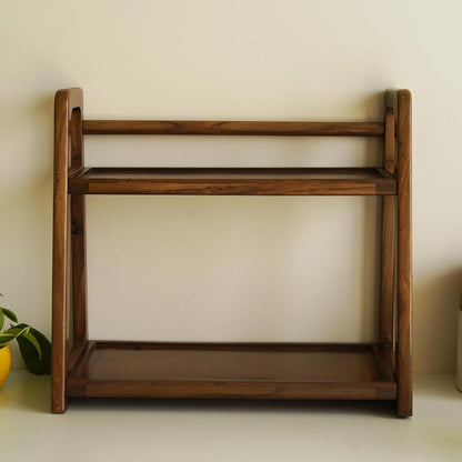 Udaipur Handicrafts Wooden Kitchen Rack Organizer 2 Tier Shelf | Multipurpose Solid Teak Wood Storage Organizer | Grocery Spice Rack | Sugar Containers, Jars, Bottles Holder for Kitchen Countertop (Food Safe)