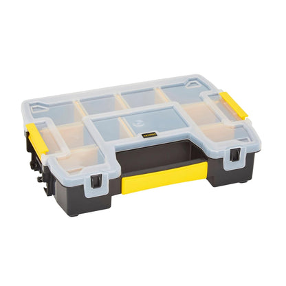 STANLEY STST1-70720 Professional Heavy Duty 10 Compartment Sort Master Light Organizer, 2.5 Kg Weight Capacity, Customizable 8 Removable Dividers, Polypropylene Textured Lid, 11.6x29.3x22.4 cm