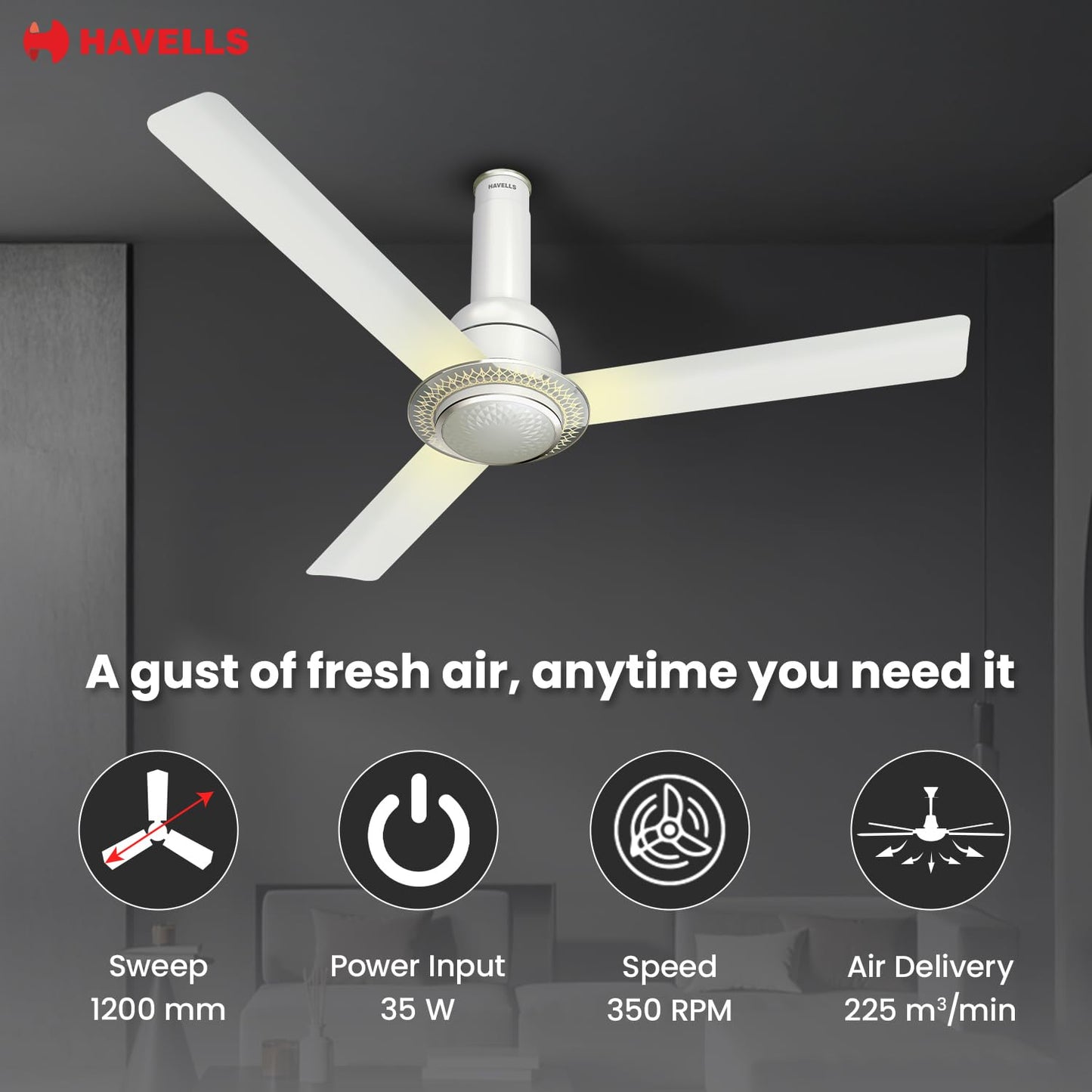 Havells CERA BLDC 1200mm Premium Underlight Ceiling Fan with 100% Pure Copper|Reverse Rotation|Remote Controlled |Watt: 35|Air Flow: 225 cmm|Speed: 350 RPM| 2 Years Manufacturer Warranty (Pearl White)