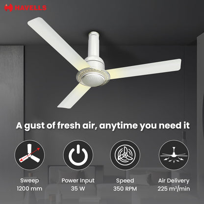 Havells CERA BLDC 1200mm Premium Underlight Ceiling Fan with 100% Pure Copper|Reverse Rotation|Remote Controlled |Watt: 35|Air Flow: 225 cmm|Speed: 350 RPM| 2 Years Manufacturer Warranty (Pearl White)