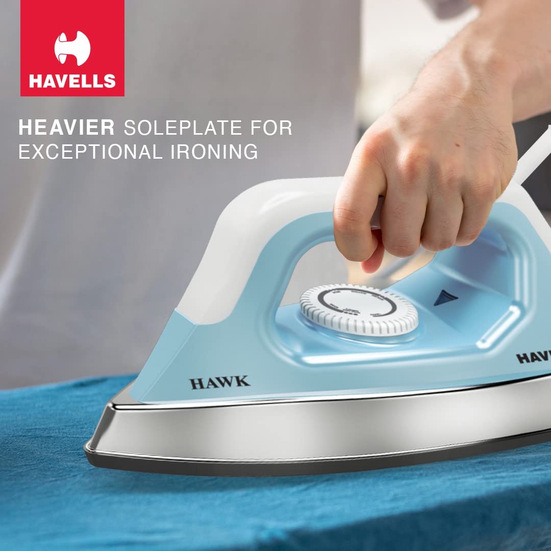Havells Hawk 1100 watt Heavy Weight Dry Iron With American Heritage Non Stick Sole Plate, Aerodynamic Design, Easy Grip Temperature Knob & 2 years Warranty. (Blue & White)