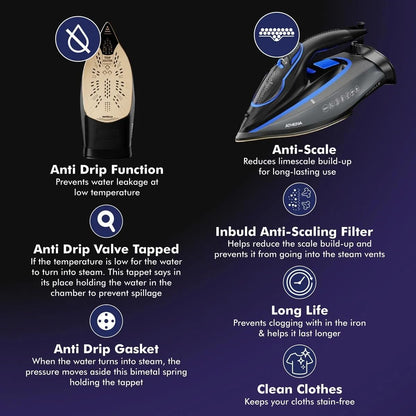 Havells Athena 3000 W Steam Iron with Smart i Sense Technology(No Fabric Burn), 2X Auto Shut Off, Vertical, Horizontal Ironing, Anti Drip, Self-Cleaning&Anti Scale Technology. (Black Blue), 3000 Watts