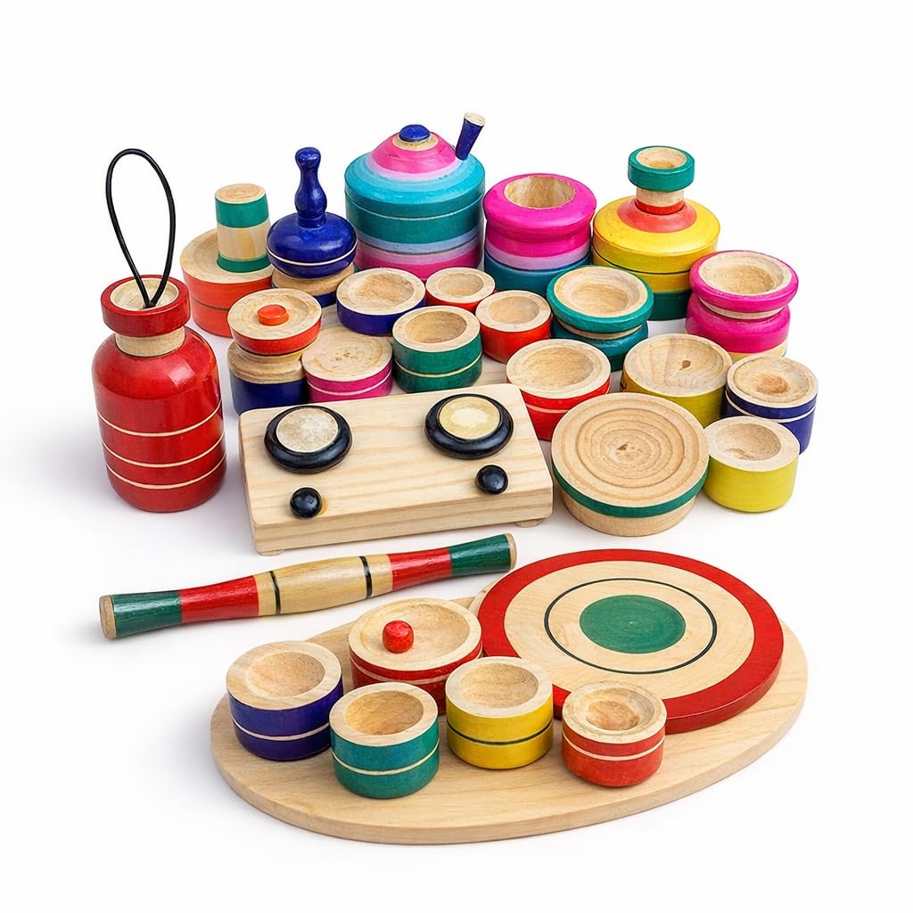 Udaipur HandiCrafts Wood Eco Friendly Wooden Kids Toy Kitchen Set/Choppu Jaman Made In India Kids Gas Stove With Cylinder Combo-Multi Color