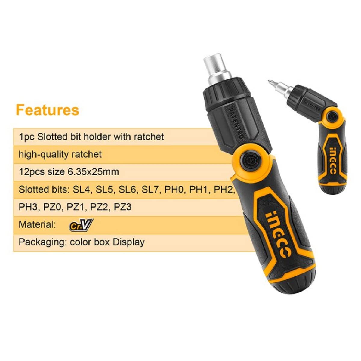 INGCO 13 IN 1 Ratchet Screwdriver Set, INGCO Style Ratchet Handle Folding Handle, High Auality Ratchet 12 Pcs 6.35 * 25 mm Screwdriver Bits