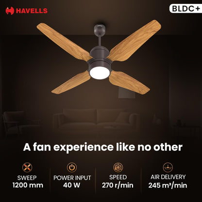 Havells 1200mm Momenta Underlight BLDC+ Ceiling Fan | Remote Controlled, Smart Fan, IoT Enabled, Alexa & Google Home Compatible | Upto 60% Energy Saving, 2 Year Warranty | (Smoke Brown Pine Wood)