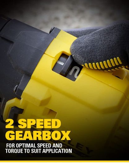 STANLEY FATMAX SCD711D2KA-B1 20V 2.0Ah 13mm Reversible Cordless Brushed Hammer Drill With 100pcs Accessories Kit 2x2.0Ah Li-ion Batteries 1pc Charger 2-Speed Gearbox, 2 Year Warranty, YELLOW & BLACK