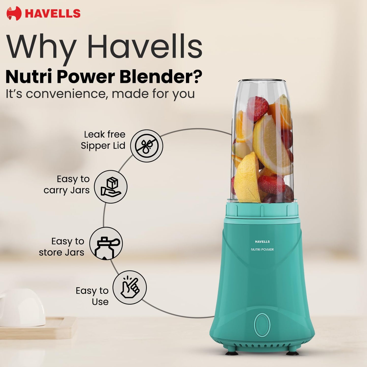 Havells Nutri Power Blender 350 W Mixer Grinder| 1 Speed Switch| Air Vent Technology| Stainless Steel Blade| 2Yrs Manufacturer Warranty (Mint Green)