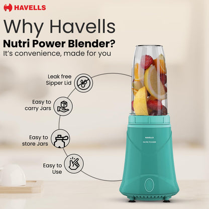 Havells Nutri Power Blender 350 W Mixer Grinder| 1 Speed Switch| Air Vent Technology| Stainless Steel Blade| 2Yrs Manufacturer Warranty (Mint Green)