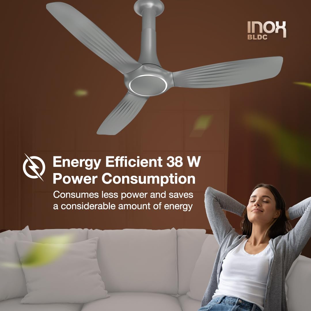 Havells 1200mm Inox BLDC Motor Ceiling Fan | Remote Controlled, High Air Delivery Fan | 5 Star Rated, Upto 60% Energy Saving, 2 Year Warranty | (Pack of 1, Slate), Silver