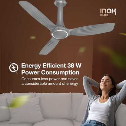Havells 1200mm Inox BLDC Motor Ceiling Fan | Remote Controlled, High Air Delivery Fan | 5 Star Rated, Upto 60% Energy Saving, 2 Year Warranty | (Pack of 1, Slate), Silver
