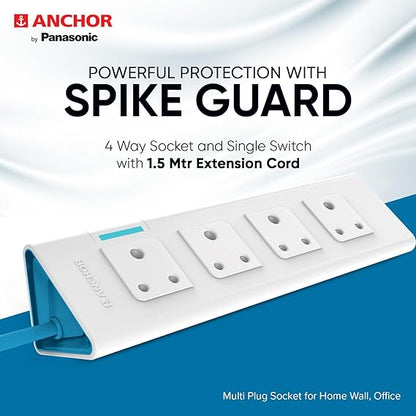 anchor by panasonic 22061 6A Power Strip 4 Socket Spike Guard with Single Switch (1.5 m, White and Blue)