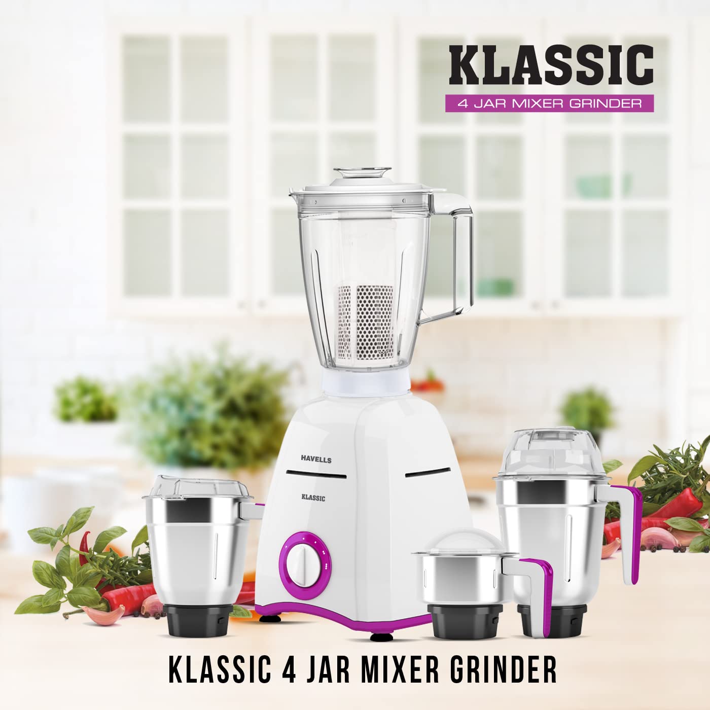 Havells Klassic 750 watts 4 Jar Mixer Grinder with 304 SS Blades, Large Size SS Jars, Break Resistant Polycarbonate Transparent Jar Lids With Twist & Lock Mechanism