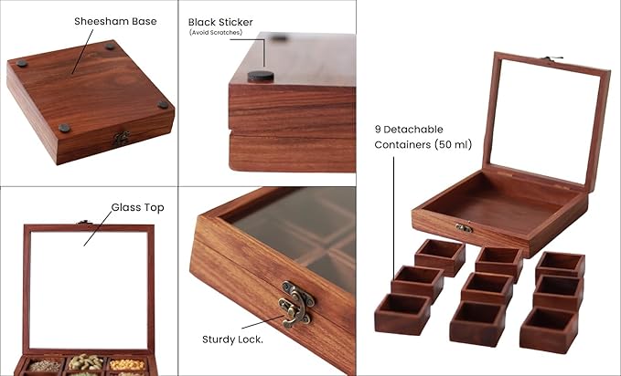 Udaipur Handicrafts Wooden Masala Dabba Spice Containers for Kitchen Storage Spice Box with Spoon Masala Box/Ajaria Petti/Nama Dani (Sheesham Wood, 9-Removable Partitions, Brown)
