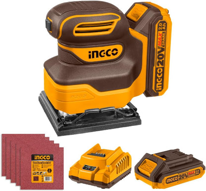 INGCO 20V Cordless 1/4 Sheet Sander 12000RPM Electic Orbital Sander with 1Pcs 2.0Ah Battery and 1Pcs Charger CSHSLI20141
