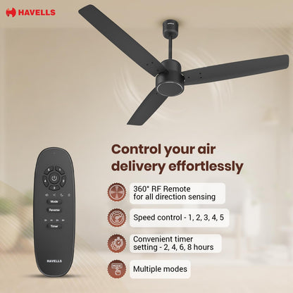 Havells FAB BLDC Ceiling Fan 1200mm (Made In India), 380 RPM, Savings Upto 65%, Reverse Rotation, 4 Modes (Boost,Sleep,Breeze,Mop), Low Wattage 30W, Low Noise, Air Flow:225 CMM, 3Y Warranty, Black