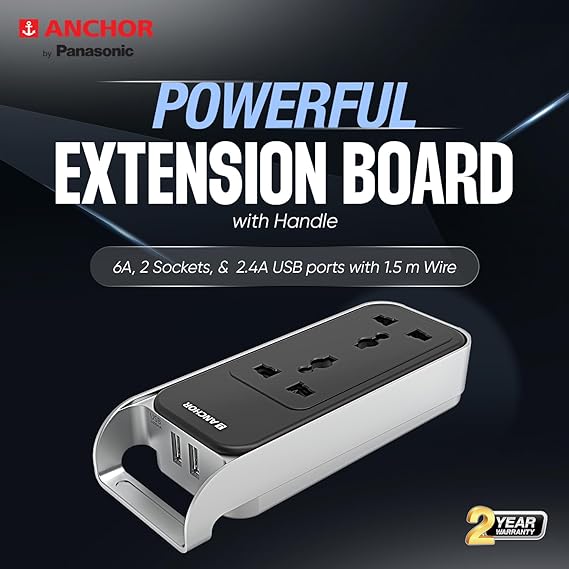 Anchor by Panasonic 6A Extension Board with Handle, 2 Sockets + USB 2.4A, 1.5m Cable (Black and Silver, 240 volts) (22074)