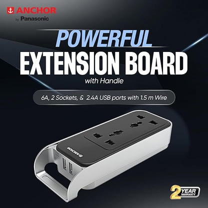 Anchor by Panasonic 6A Extension Board with Handle, 2 Sockets + USB 2.4A, 1.5m Cable (Black and Silver, 240 volts) (22074)