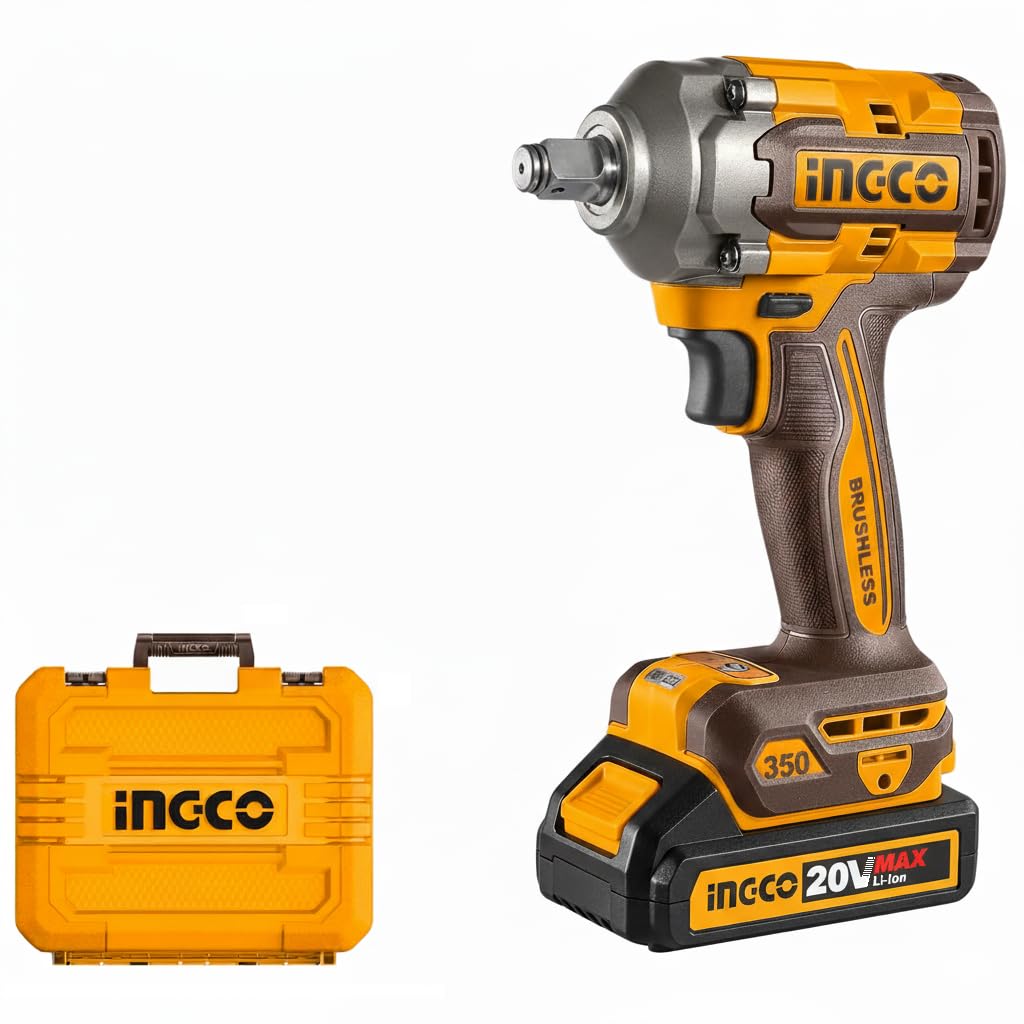 Ingco CIWLI2035 20V Cordless Brushless Impact Wrench | 1/2" Square Drive, 350Nm Torque, LED Work Light | with 2 Batteries & Charger, Carrying Case, 19/21mm Sockets