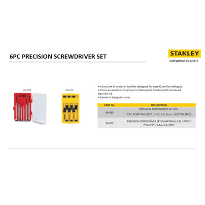 STANLEY 66-052 Precision Screwdriver Set, 6 pcs, 84 gms, Rotating Tip, Bi-Material Handle with Cushioned Grip, Used in Machines, Automobiles & Cars, LxWxH: 19.5x10x2cm, Plastic Storage Case Included
