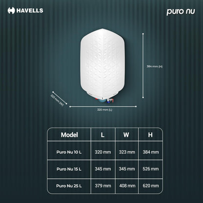 Havells Puro Nu 15L Storage Water Heater(Geyser)|Faster Heating|Safer to use|Saves electricity|Engineered for Hard Water|Glass Coated Anti Rust Tank|Whirlflow Technology|Jog Dial Temp. setting knob