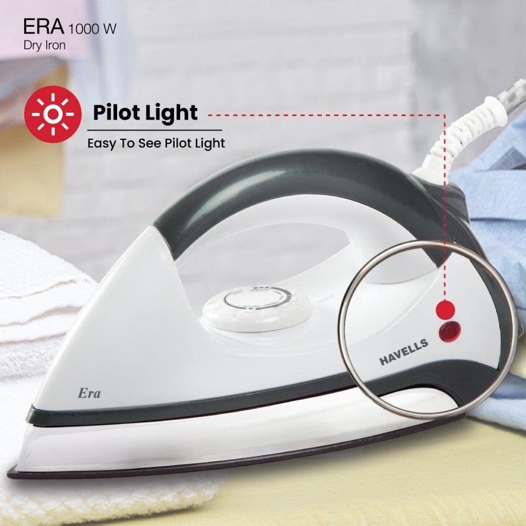 Havells Plastic Era 1000-Watt Dry Iron (Grey/White), 1100 Watts, Pack of 1