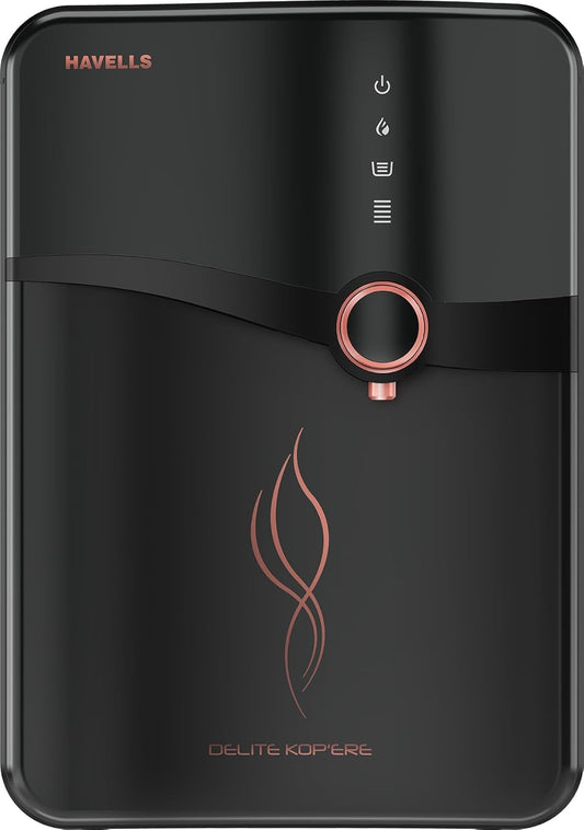 Havells Delite Kop'ere Water Purifier (Black), RO+UV+pH Balance, 7 Stages, 6.5L Stainless Steel Tank,Copper+Zinc+Minerals, Suitable for Borewell, Tanker & Municipal Water
