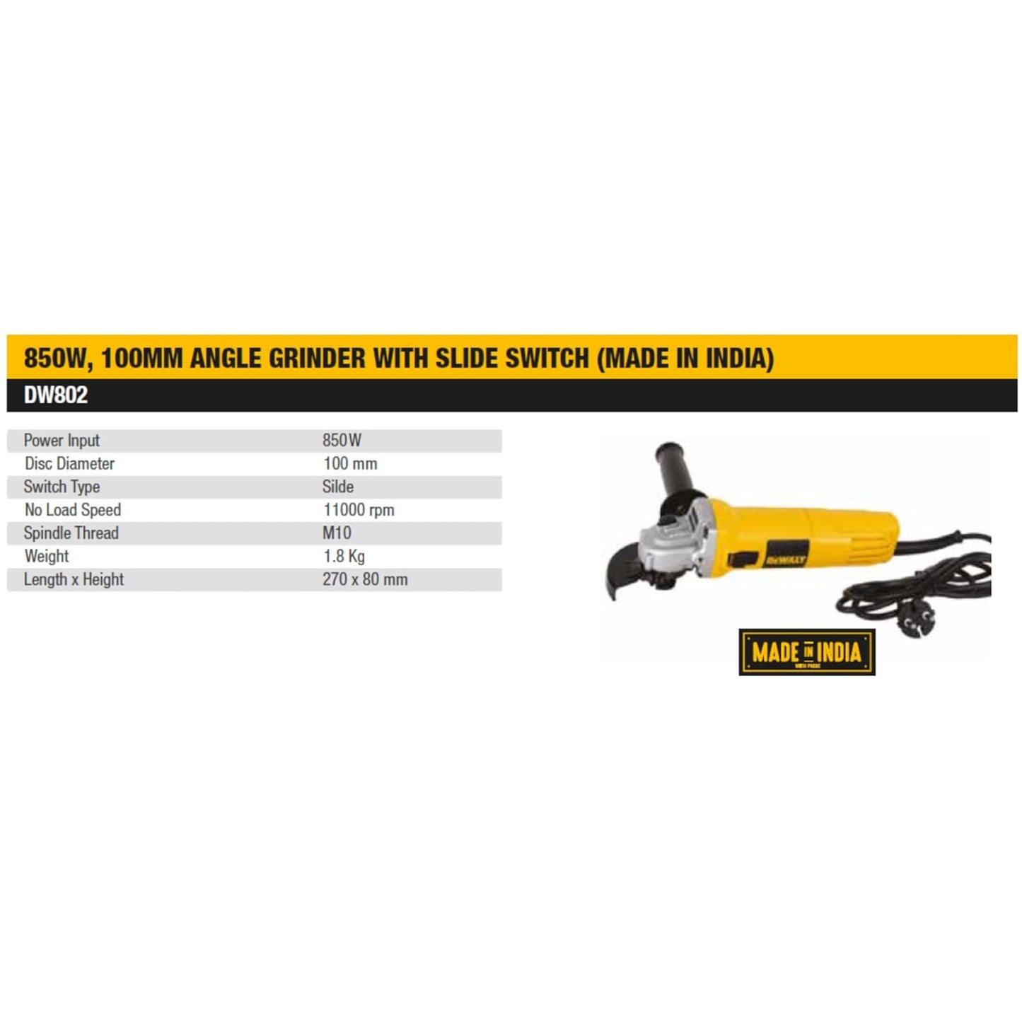 DEWALT DW802-IN, 850W, 4'' (100mm) Heavy Duty Angle Grinder Engineered for Heavy Duty Applications with Spindle Lock and Slide Switch, 2 Year Warranty (Side Handle Included)