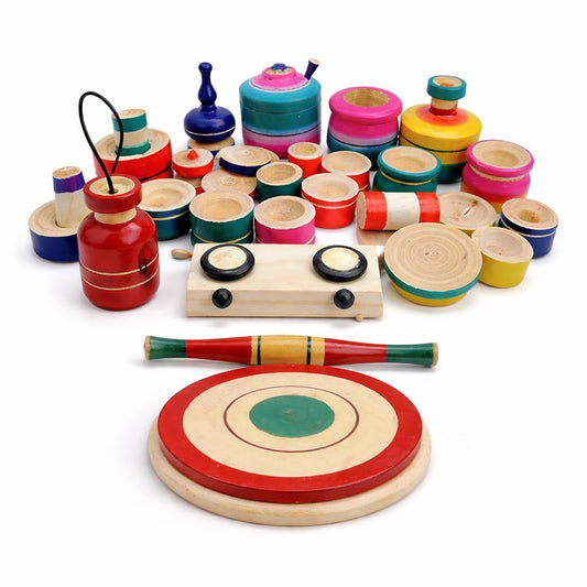Udaipur HandiCrafts Wood Eco Friendly Wooden Kids Toy Kitchen Set/Choppu Jaman Made In India Kids Gas Stove With Cylinder Combo-Multi Color