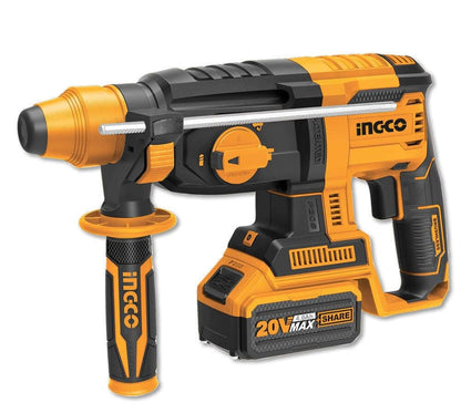 Ingco 20V Lithium-Ion Rotary Hammer Drill CRHLI202287 With Auxiliary Handle, 4Ah Battery & Drill Bits,Black