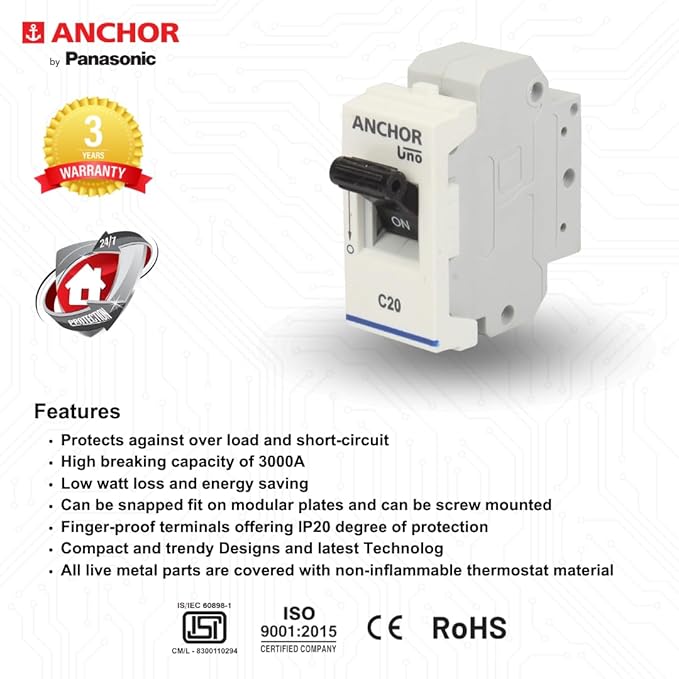Anchor by Panasonic 65983 UNO Mini Penta Modular 20 Ampere Single Pole C Curve MCB