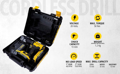 STANLEY FATMAX SCD700D2K 20V 13 mm Reversible Cordless Brushed Drill Machine Driver With 2x2.0Ah Li-ion Batteries, 1pc Charger, 2 Speed Gearbox & LED Worklight, 2 Year Warranty, YELLOW & BLACK
