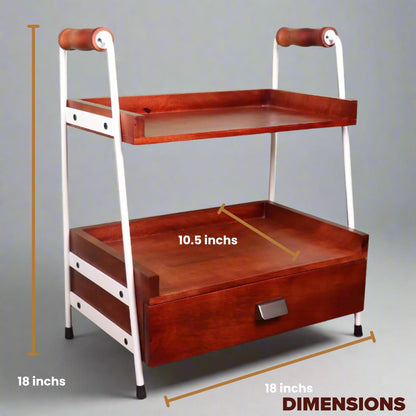 Udaipur Handicrafts Shelf Rack,(26.6D x 45.7W x 45.7H Cm) Handcrafted Organizer with Drawer| Multi-Purpose| Kitchen Rack Countertop| Wooden Spice Rack| Wooden Kitchen Organizer