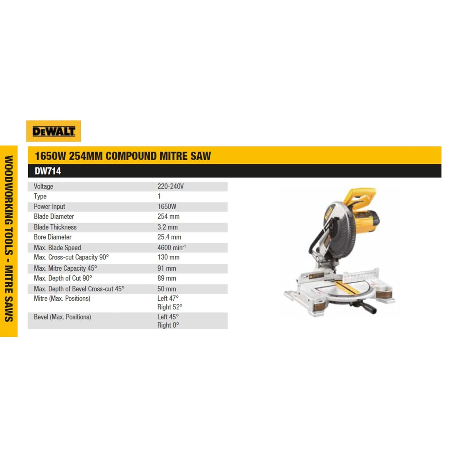 DEWALT DW714-IN 10"(254 mm) Corded Compound Mitre Saw With 80T TCT Alu. Blade, 1650W Univ. Motor, 4600 RPM, Max. Cross-cut Capacity 90 Deg.: 130 mm, Ideal For Cutting Wood & Tiles, Horizontal D-Handle