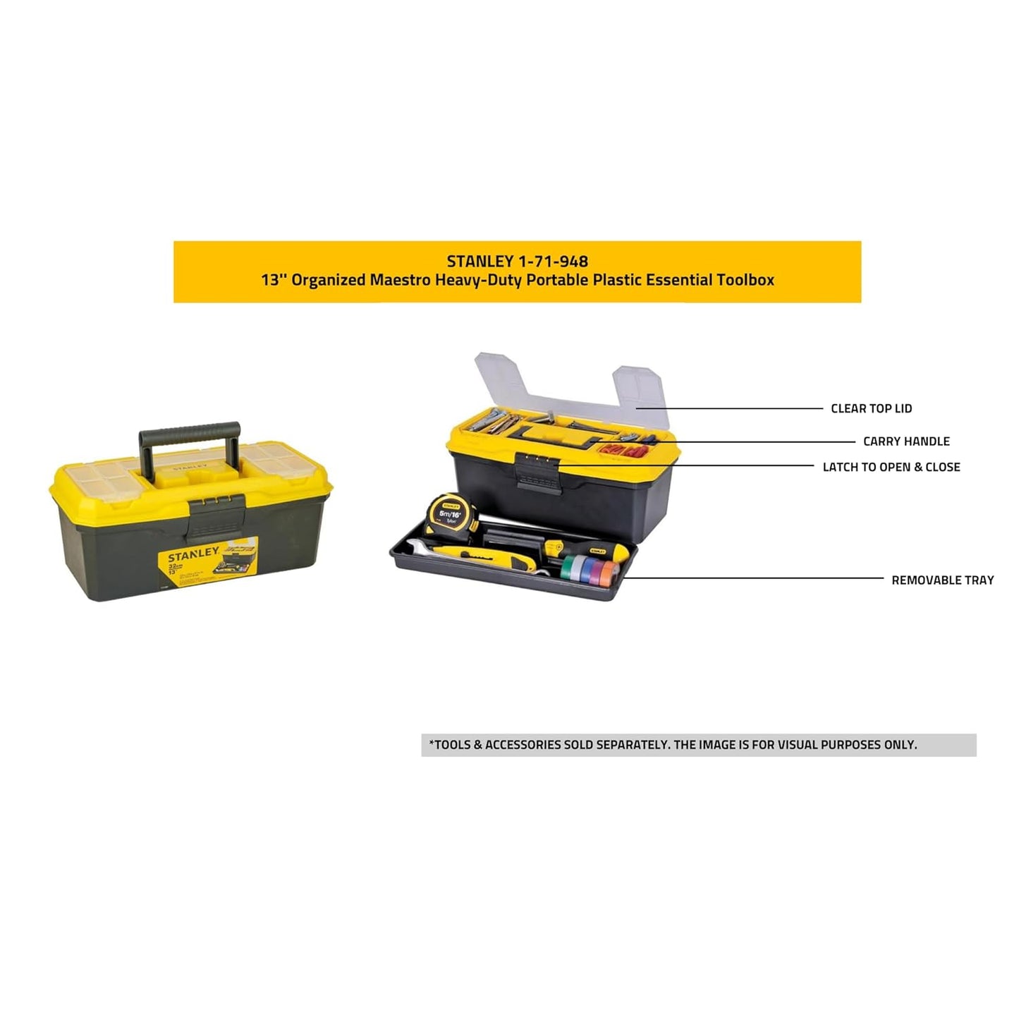 STANLEY 1-71-948 13'' Organized Maestro Heavy-Duty Portable Plastic Essential Toolbox With Clear Top Lid & Removable Tray Compartment For Easy & Convenient Storage,1 Year Warranty,YELLOW,32x13.5x15 cm
