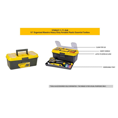 STANLEY 1-71-948 13'' Organized Maestro Heavy-Duty Portable Plastic Essential Toolbox With Clear Top Lid & Removable Tray Compartment For Easy & Convenient Storage,1 Year Warranty,YELLOW,32x13.5x15 cm