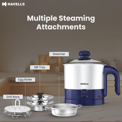 Havells Steamor Multicook Kettle | 1.2 L Capacity | Food Grade Body with Cool Touch Handle | Multiple Steaming Attachments | Double Safety Protection | 3 Temperature Modes(Blue)