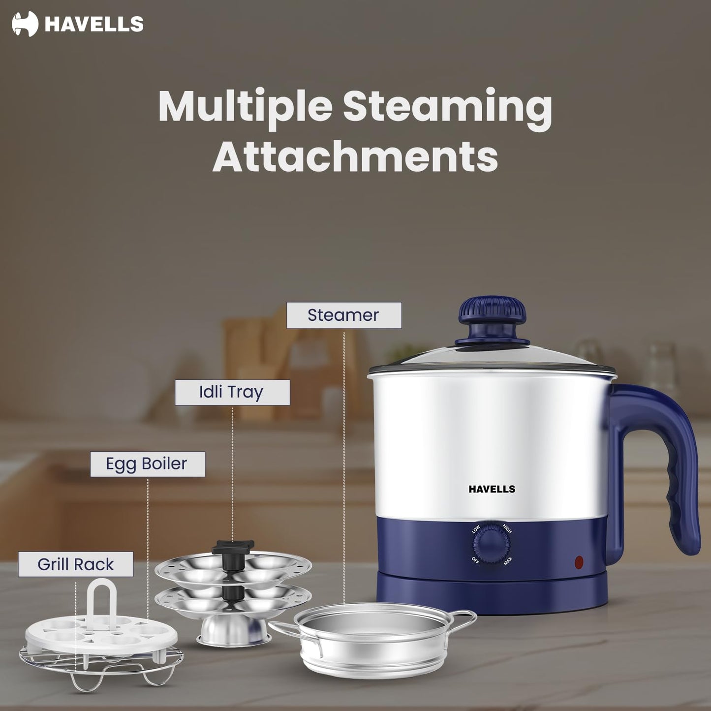 Havells Steamor Multicook Kettle | 1.2 L Capacity | Food Grade Body with Cool Touch Handle | Multiple Steaming Attachments | Double Safety Protection | 3 Temperature Modes(Blue)
