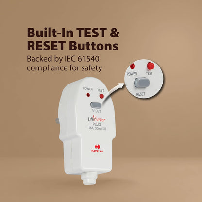 Havells Plastic 16A 30mA PRCD Plug Top, Equipped with a Safety Shutter Socket Along with An Auto Trip Feature Which Shuts Off if Detects Any Current Leakage, Backup Protection for Overload 6IEC: 61540