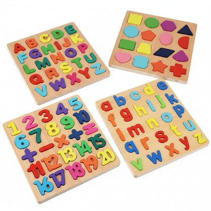 Udaipur HandiCrafts Wooden Learning Educational Game Board for Kids, Puzzle Toys for 2 Years Old Boys & Girls (Alphabets, Numbers & Shapes)