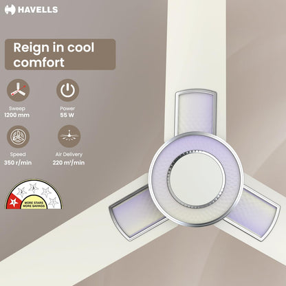 Havells Ioniq ES 1200mm Ceiling Fan, Energy Efficient for Superior Air Delivery, Low Power Consumption & Elegant Design | 2 Years Manufacturer Warranty | Rainbow White