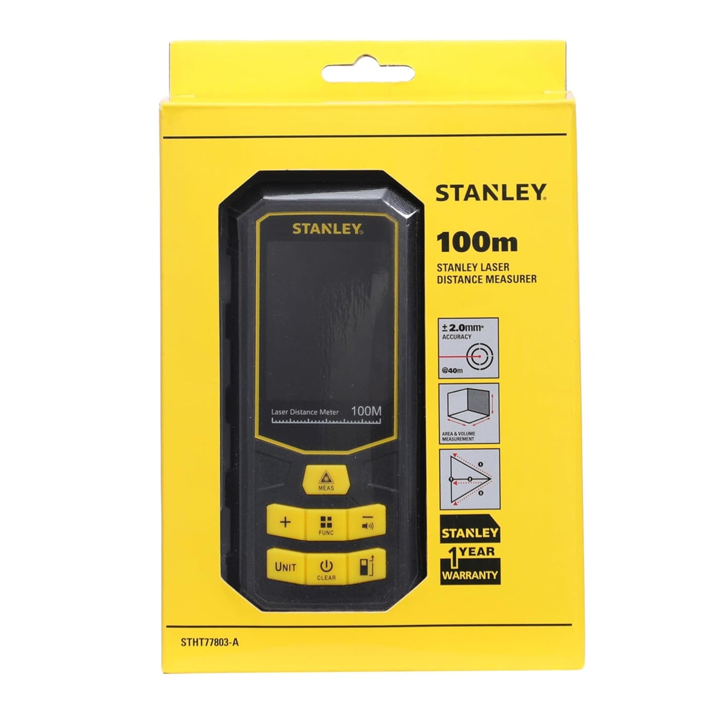 STANLEY STHT77803-A Professional Black Laser Distance Meter - 100 M, ±2.0mm Accuracy, Comes with 3 * 1.5V AAA Batteries, IP40 Dust & Water-Splash Rating, Ideal for Area & Volume Measurement