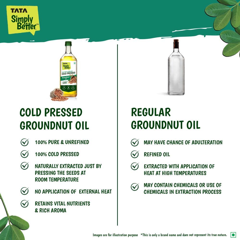Tata Simply Better Pure & Unrefined Cold Pressed Groundnut (Peanut) Oil,Kolhu/Kacchi Ghani/Mara Chekku/Ganuga,Naturally Cholesterol Free,1L,Groundnut Oil Rich Aroma & Flavour Of Real Groundnuts